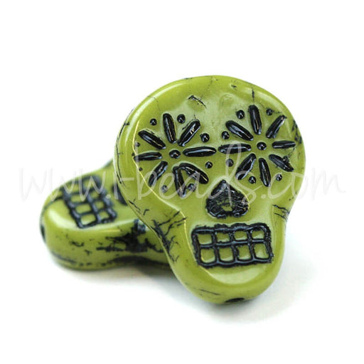 Achat Perles en verre de Boheme tete de mort vert et noir 15x19mm (2)