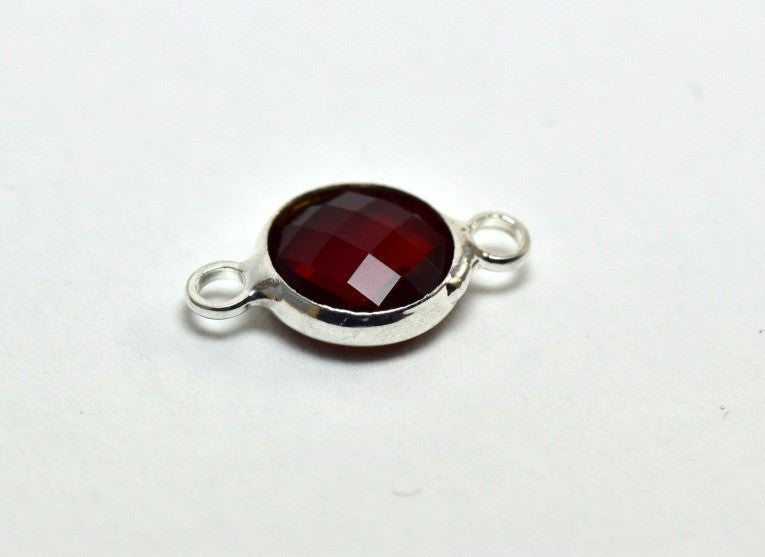 Vente Joli connecteur rouge rubis rond en verre à facette sertis laiton argent 15x9x5 mm