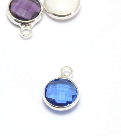 Achat 1 pendentif argent 12x9x5 mm, Trou: 2 mm et verre à facettes bleu saphir. Breloque avec contours argentés