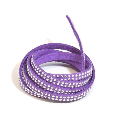 Vente au détail suédine cloutée deux rangées 5x2mm violet avec strass argentés cordon suédine vendu au mètre