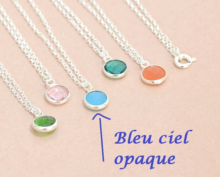 Acheter Collier laiton argent 41 cm et pendentif verre 9 mm bleu ciel opaque serti argent à personnaliser