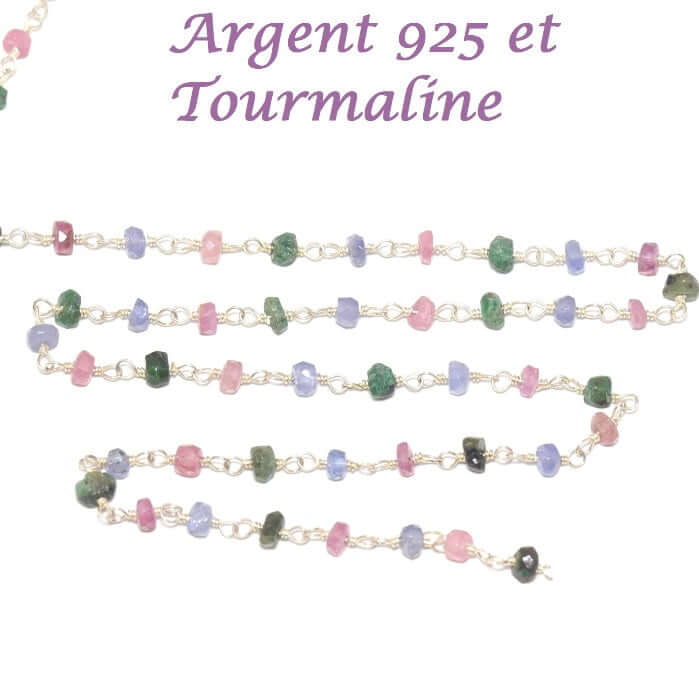 Vente en gros 10 cm chaine argent 925 et pierre semi précieuse Tourmaline -3 mm