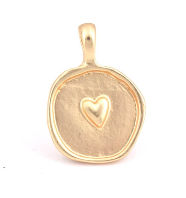 Pendentif, Médaille Ronde Coeur Plaqué Doré Mat 24mm (1)